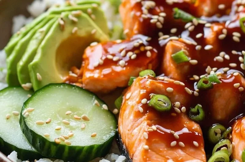 Spicy salmon rice bowls garnished with fresh veggies and sesame seeds