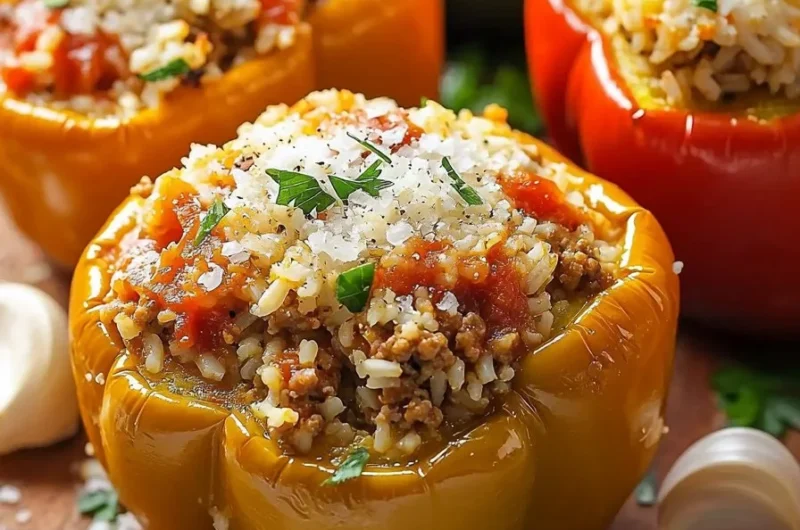 Stuffed bell peppers filled with ground turkey and rice on a plate.