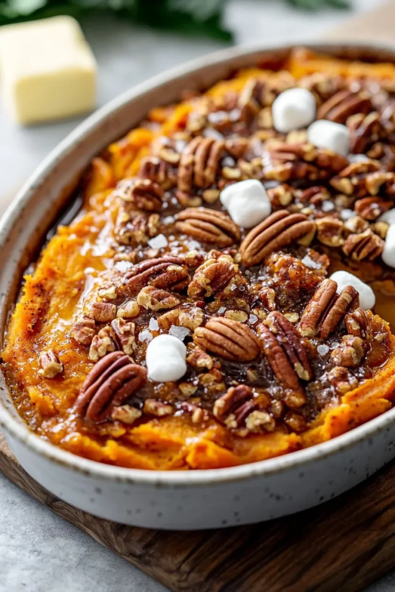 Delicious Sweet Potato Casserole topped with Maple Pecan for Thanksgiving or holiday meals.