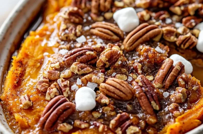 Delicious Sweet Potato Casserole topped with Maple Pecan for Thanksgiving or holiday meals.