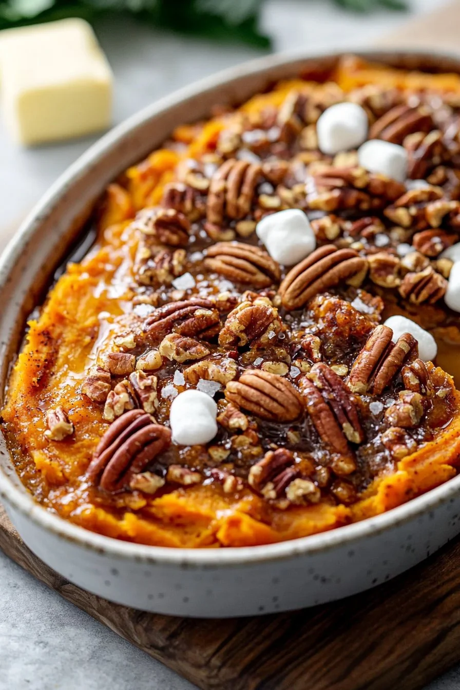 Delicious Sweet Potato Casserole topped with Maple Pecan for Thanksgiving or holiday meals.