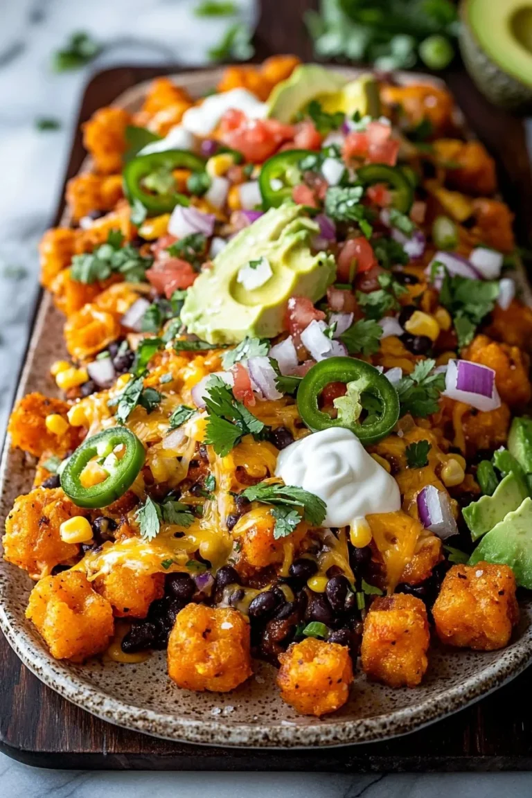 Sweet potato totchos topped with cheese, jalapeños, and fresh ingredients.
