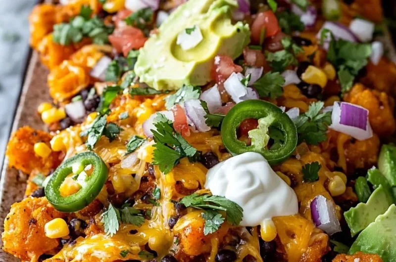 Sweet potato totchos topped with cheese, jalapeños, and fresh ingredients.