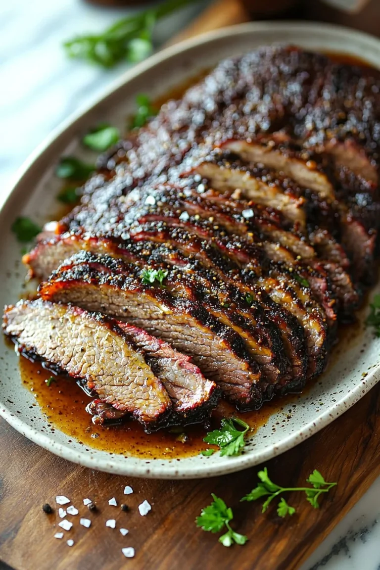 Texas style brisket in the oven, showcasing succulent slices and rich seasoning.