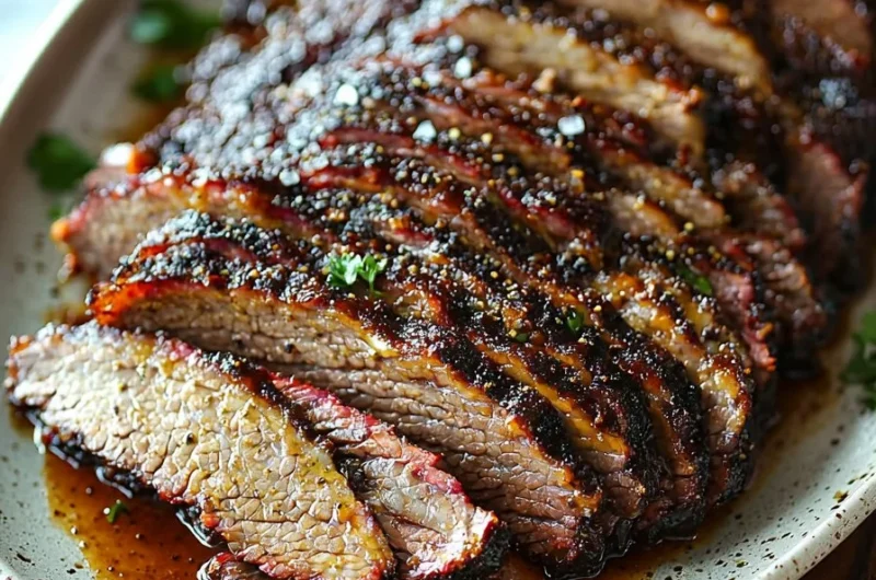 Texas style brisket in the oven, showcasing succulent slices and rich seasoning.