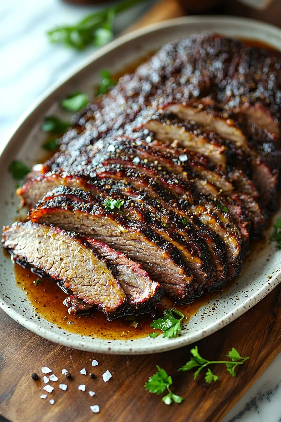 Texas style brisket in the oven, showcasing succulent slices and rich seasoning.