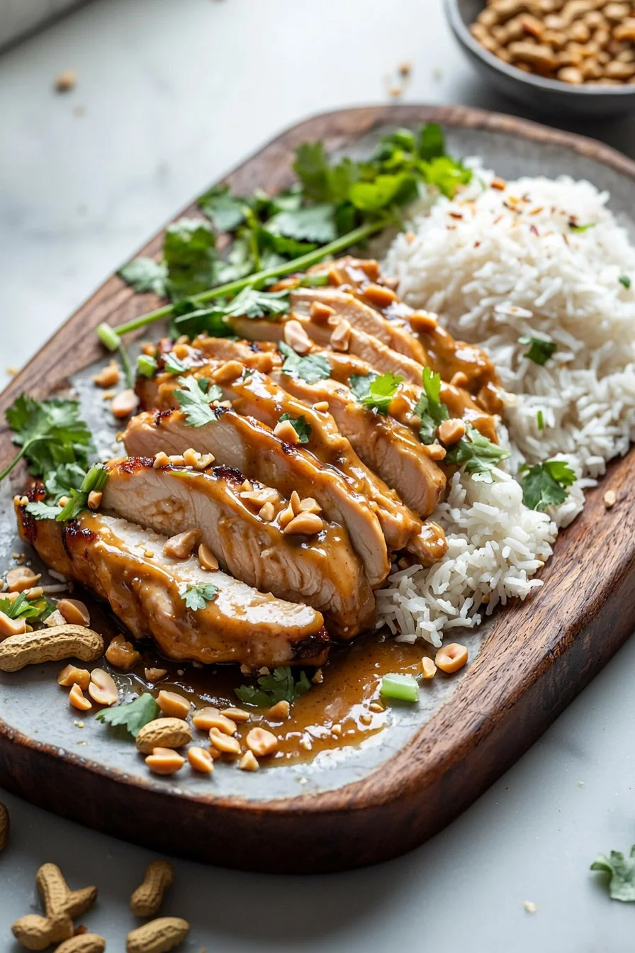 Delicious plate of Thai Peanut Chicken topped with peanuts and cilantro