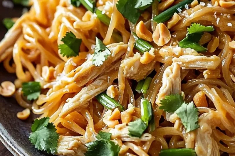 Thai Peanut Noodles with Rotisserie Chicken dish garnished with vegetables