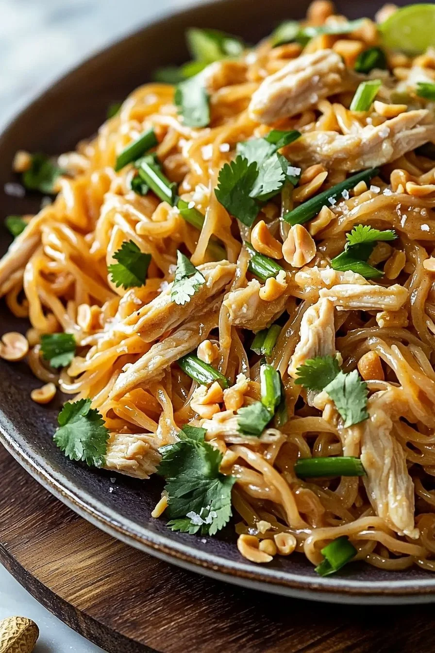 Thai Peanut Noodles with Rotisserie Chicken dish garnished with vegetables