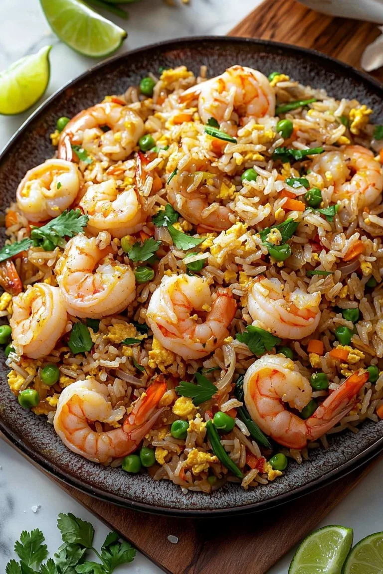 Plate of Thai shrimp fried rice garnished with vegetables and herbs