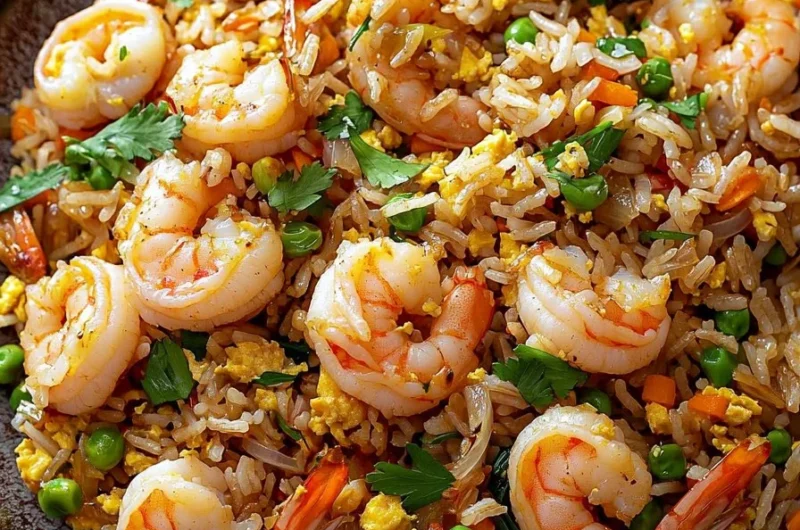 Plate of Thai shrimp fried rice garnished with vegetables and herbs