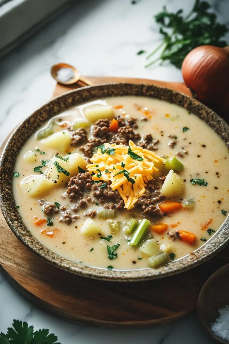 Bowl of creamy cheeseburger soup topped with cheese and herbs