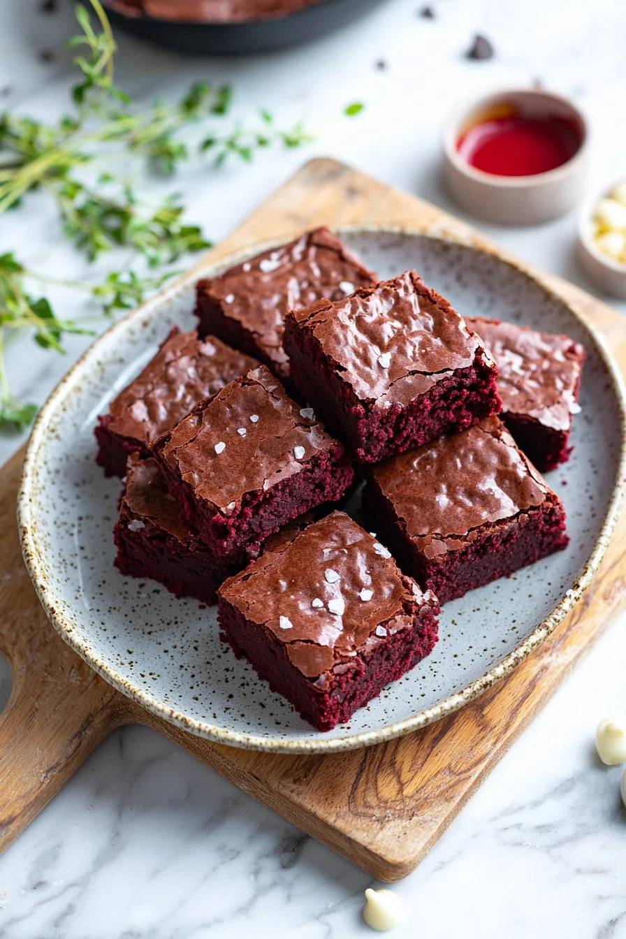 Delicious fudgy red velvet brownies on a plate, topped with cream cheese frosting