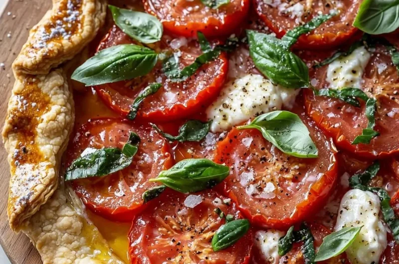 Freshly baked Tomato Basil Galette with vibrant tomatoes and basil