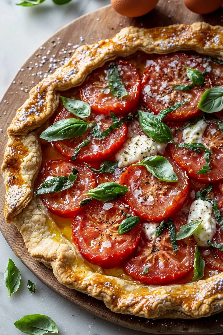Freshly baked Tomato Basil Galette with vibrant tomatoes and basil