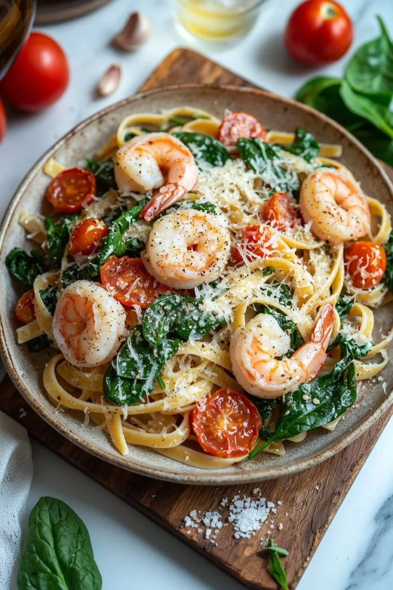 Delicious Tomato Spinach Shrimp Pasta garnished with fresh herbs