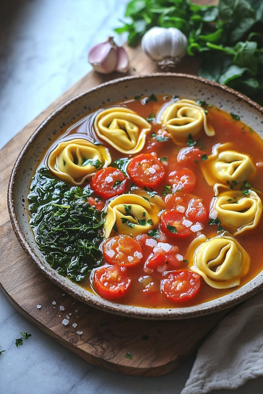 Bowl of delicious Tomato Tortellini Soup garnished with herbs and cheese