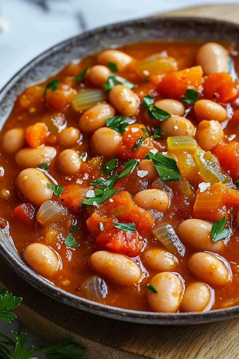 Bowl of vegan butter bean stew garnished with fresh herbs