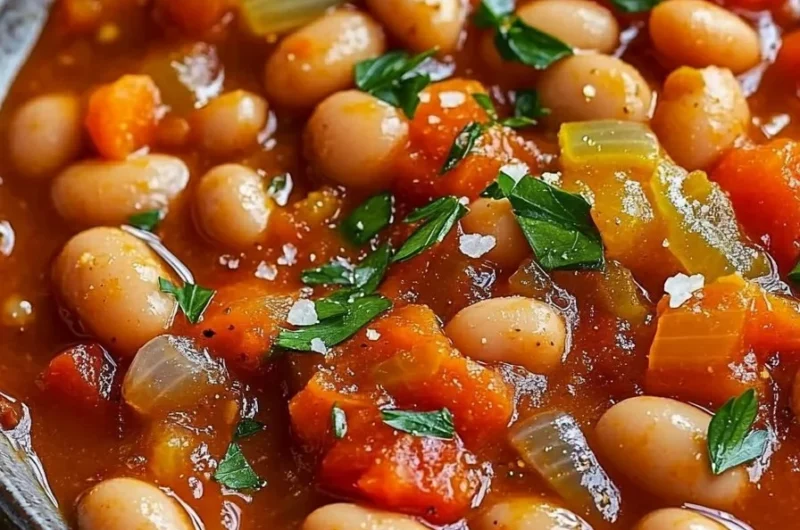 Bowl of vegan butter bean stew garnished with fresh herbs