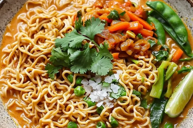 Bowl of vegan Thai red curry ramen with vegetables and herbs