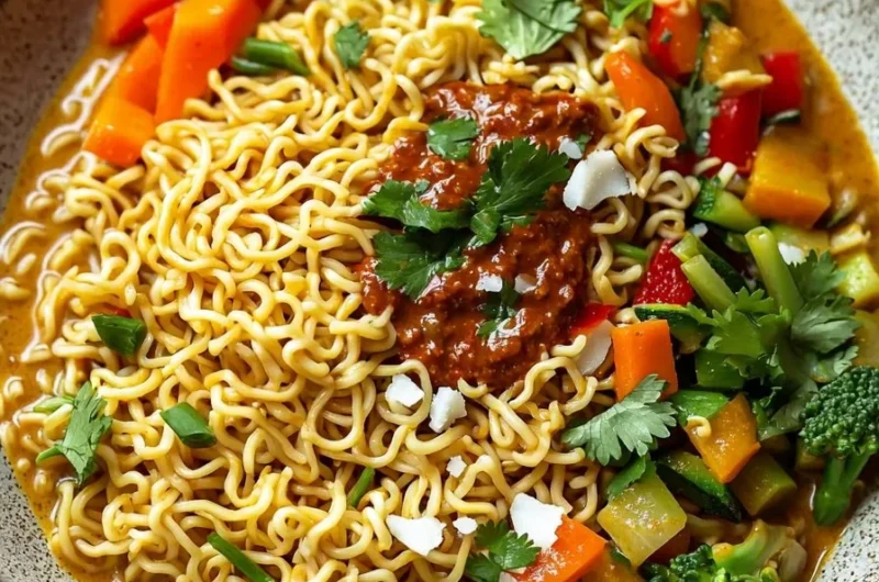 Bowl of vegan Thai red curry ramen noodles garnished with fresh herbs