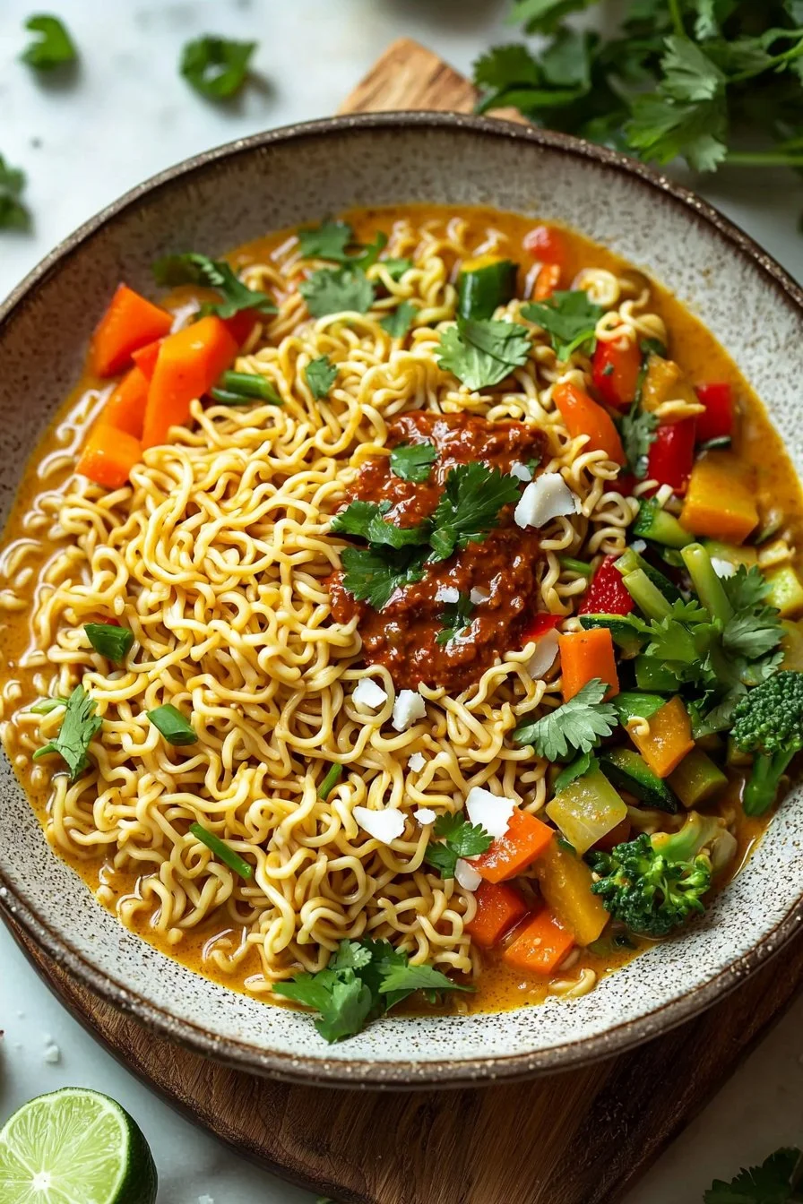 Bowl of vegan Thai red curry ramen noodles garnished with fresh herbs