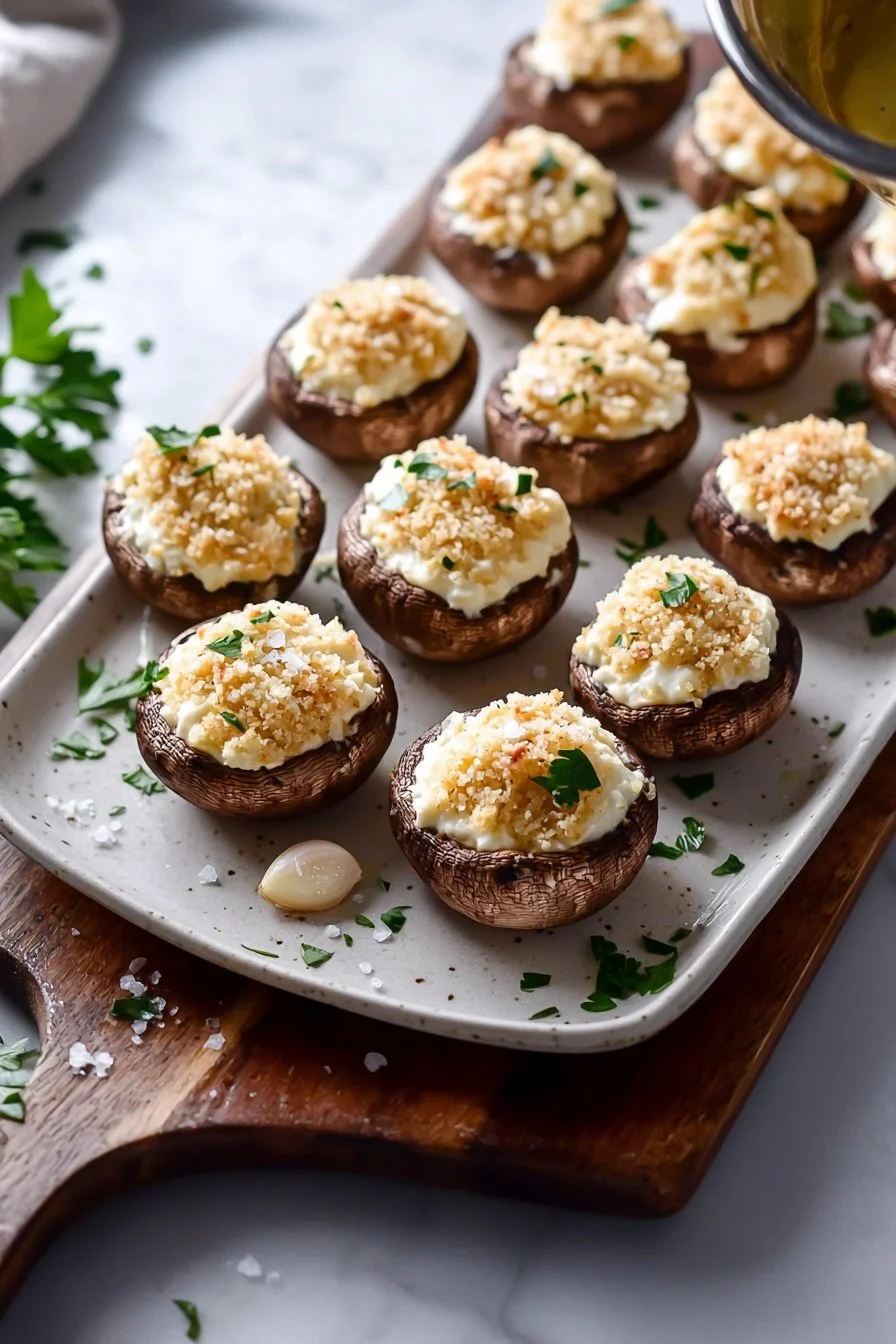 Delicious white cheddar stuffed mushrooms served on a platter.