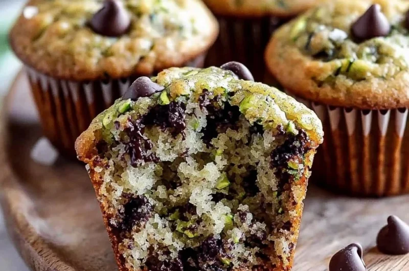 Delicious zucchini muffins with chocolate chips on a rustic wooden table