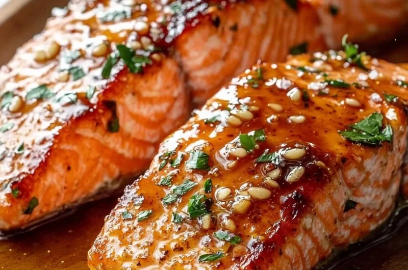 Honey garlic glazed salmon fillet on a plate with a side of vegetables