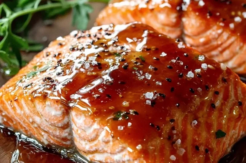 Delicious honey garlic glazed salmon on a plate garnished with herbs