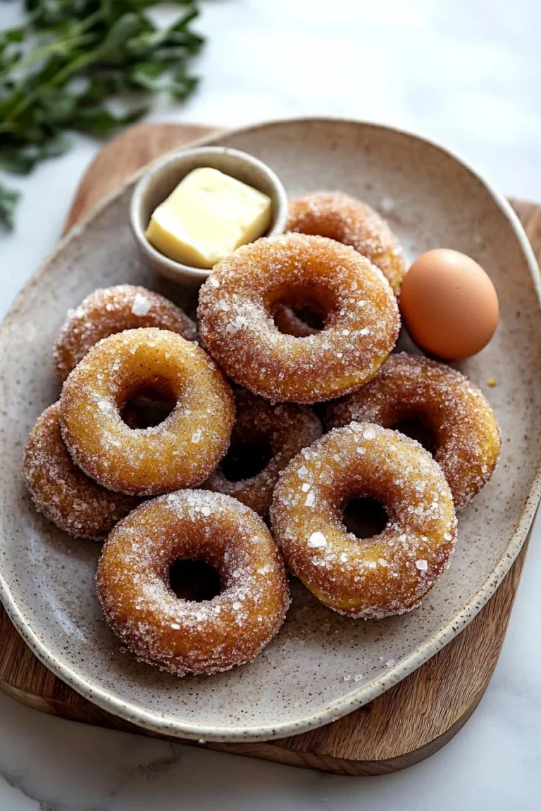 Baked apple cider donuts on a rustic wooden table with a sprinkle of cinnamon.