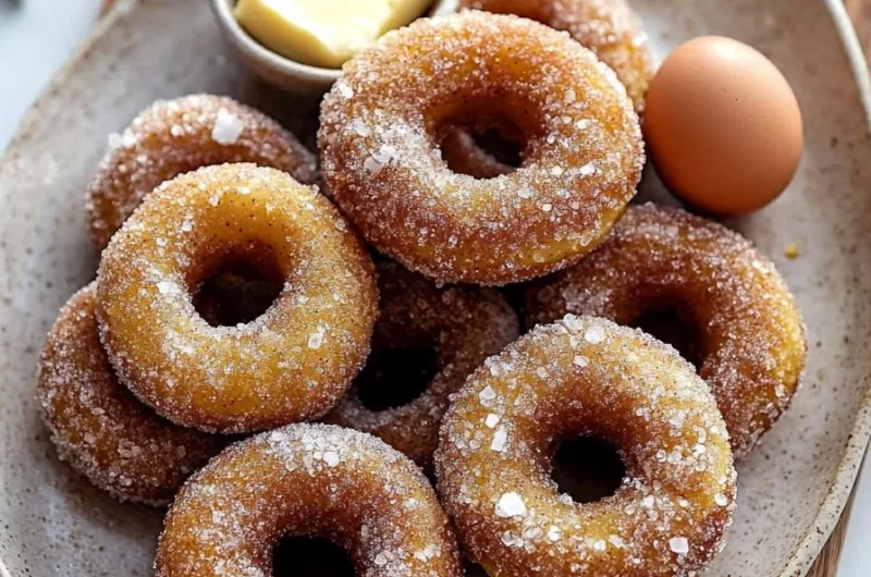 Baked apple cider donuts on a rustic wooden table with a sprinkle of cinnamon.