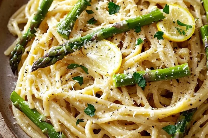 Plate of asparagus pasta with lemon and garlic drizzled with olive oil