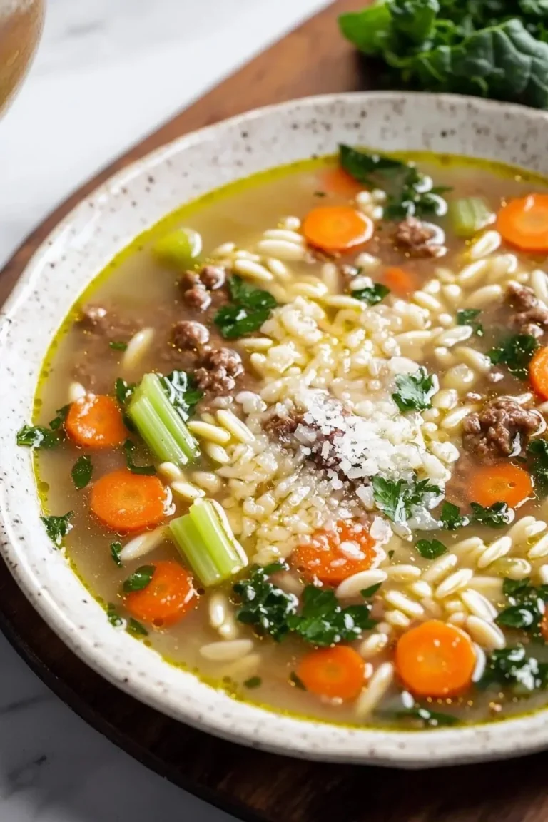 Bowl of Authentic Italian Wedding Soup with meatballs and greens