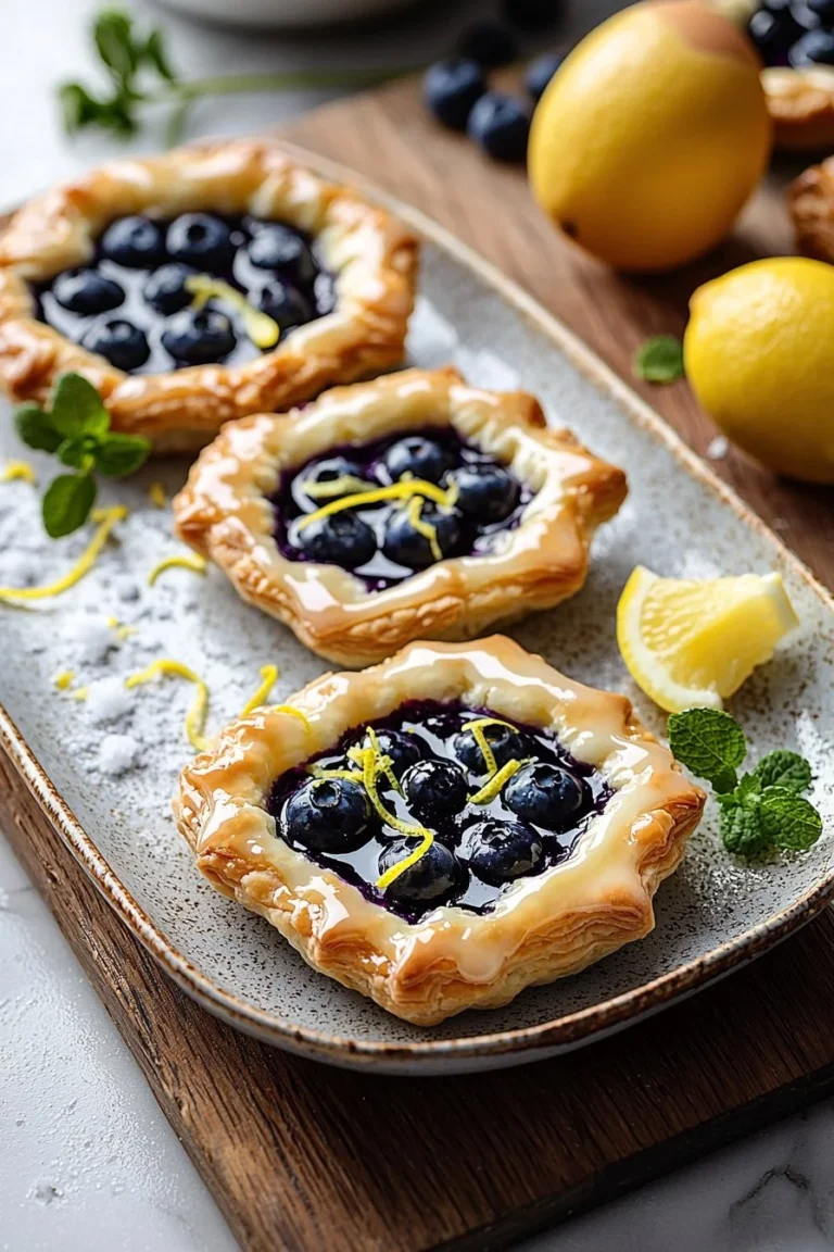 Blueberry puff pastry tarts drizzled with lemon glaze on a wooden table
