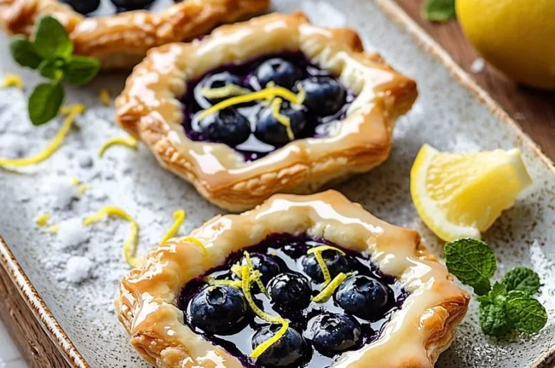 Blueberry puff pastry tarts drizzled with lemon glaze on a wooden table