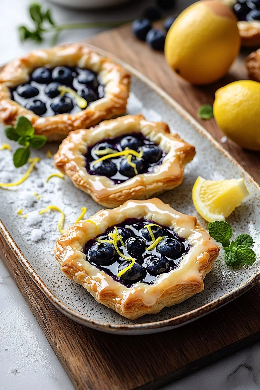 Blueberry puff pastry tarts drizzled with lemon glaze on a wooden table