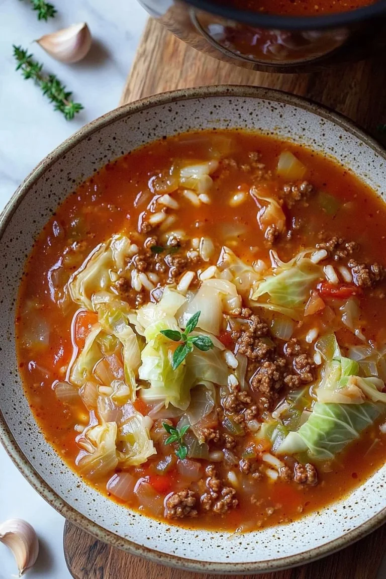 Bowl of homemade cabbage roll soup with fresh herbs and ingredients.