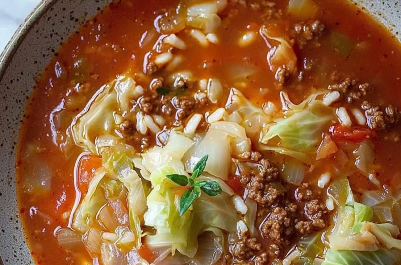 Bowl of homemade cabbage roll soup with fresh herbs and ingredients.