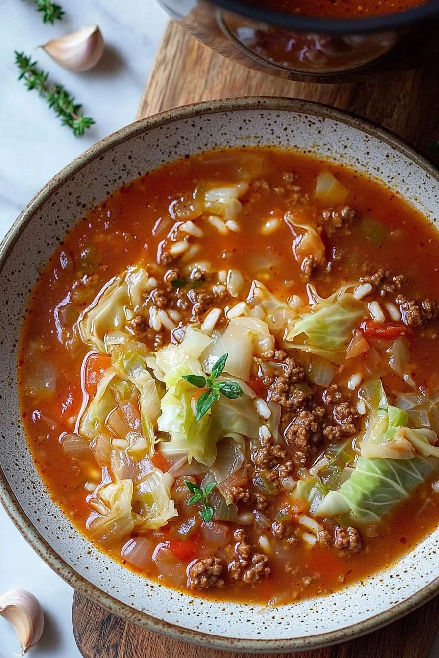 Bowl of hearty cabbage roll soup with fresh ingredients