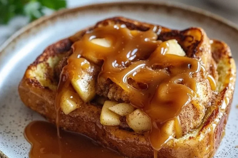 Delicious Caramel Apple Stuffed French Toast topped with caramel sauce and apple slices