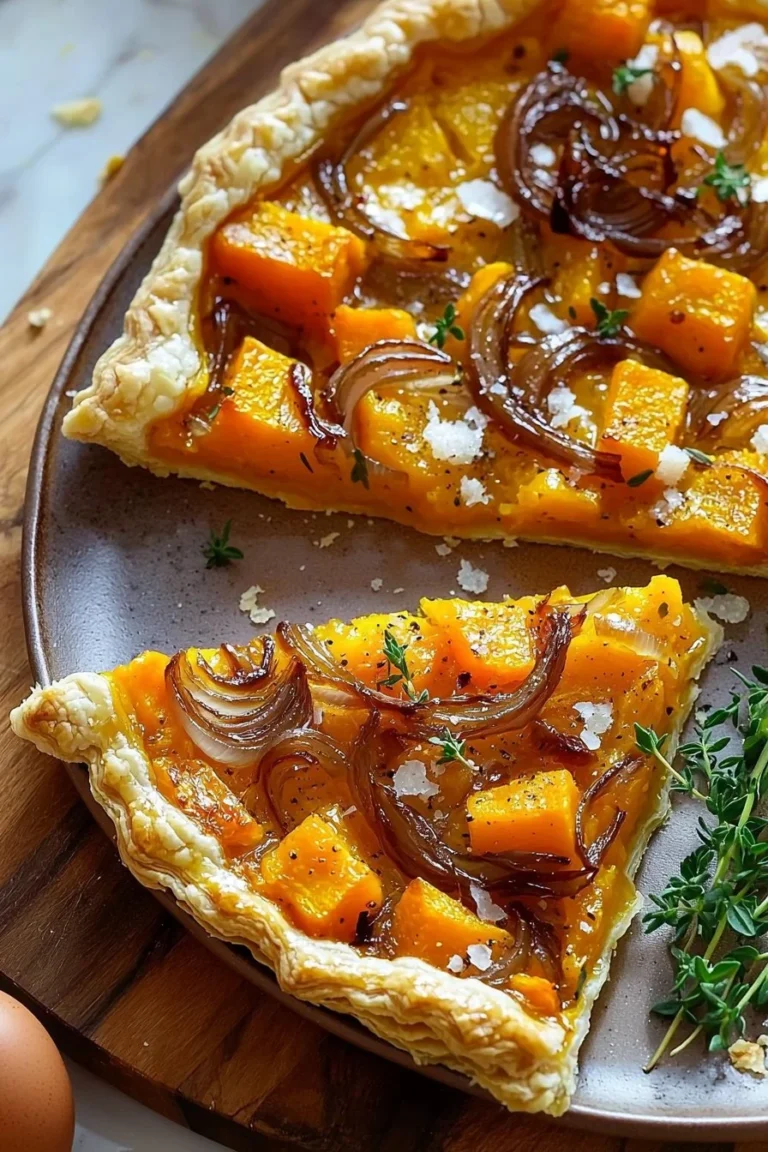 Delicious caramelized onion butternut squash tart served on a rustic wooden table.