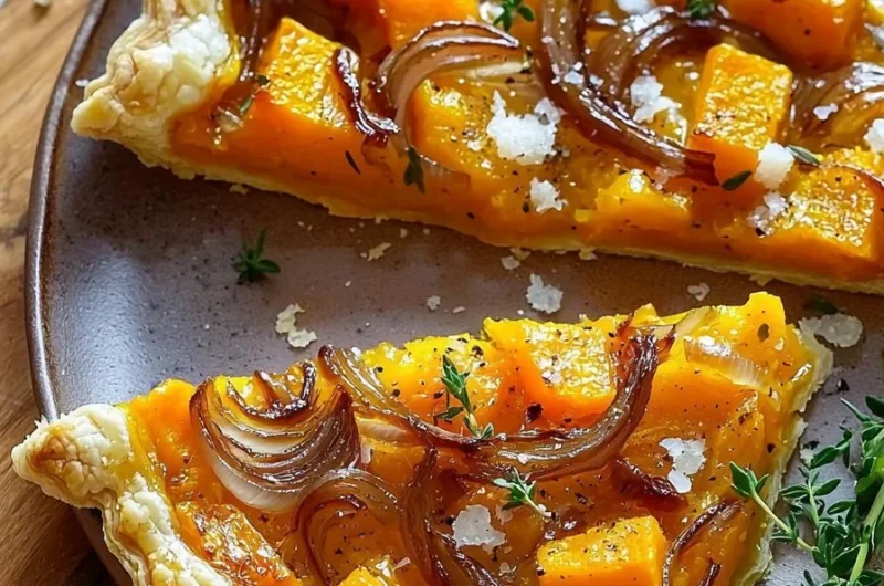 Delicious caramelized onion butternut squash tart served on a rustic wooden table.