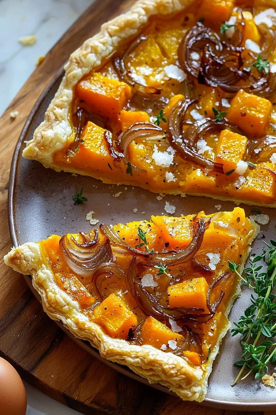 Delicious caramelized onion butternut squash tart served on a rustic wooden table.