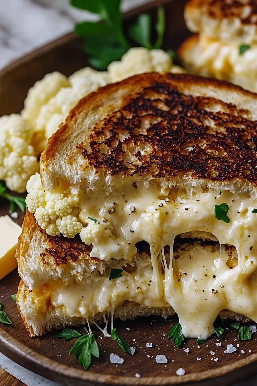 Cheesy Cauliflower Grilled Cheese sandwich with melted cheese and grilled cauliflower