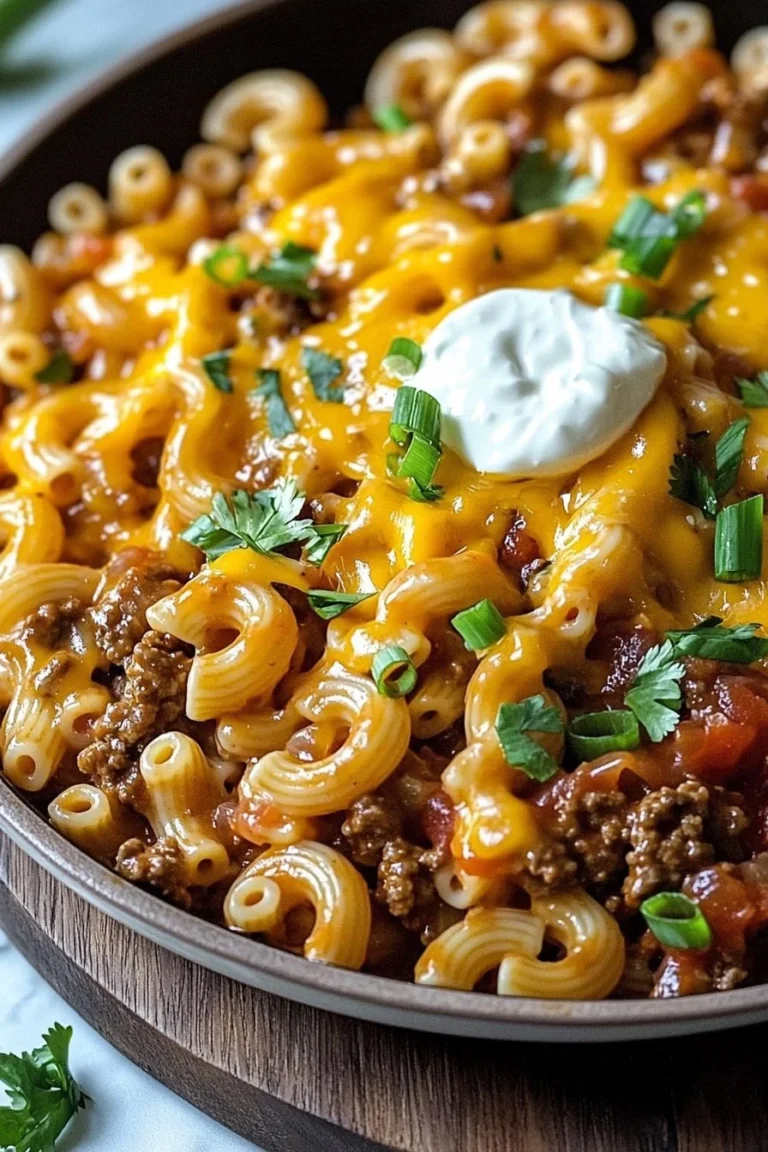 Cheesy Taco Pasta Skillet topped with cheese and garnished with cilantro