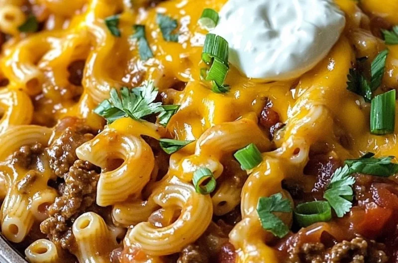 Cheesy Taco Pasta Skillet topped with cheese and garnished with cilantro