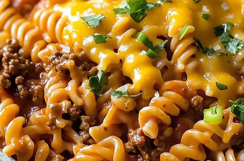 Cheesy Taco Pasta Skillet topped with fresh herbs and cheese