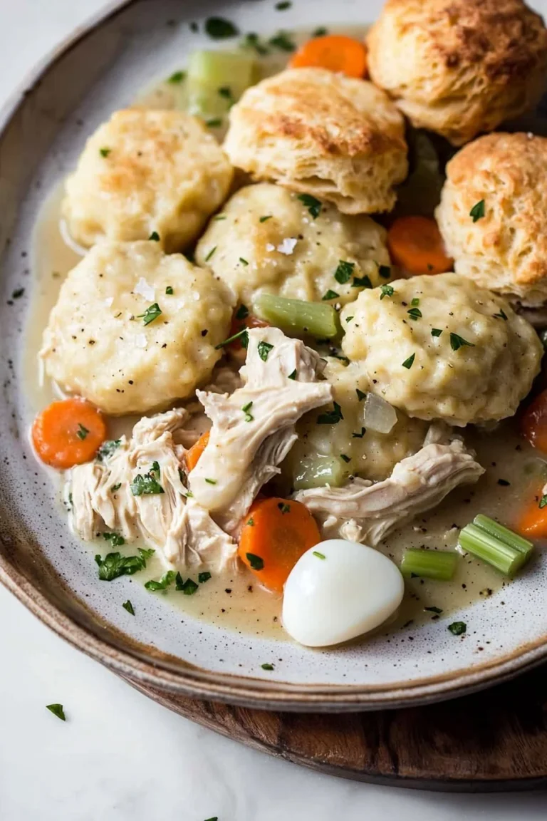 Delicious Chicken and Dumplings with Biscuits served in a bowl
