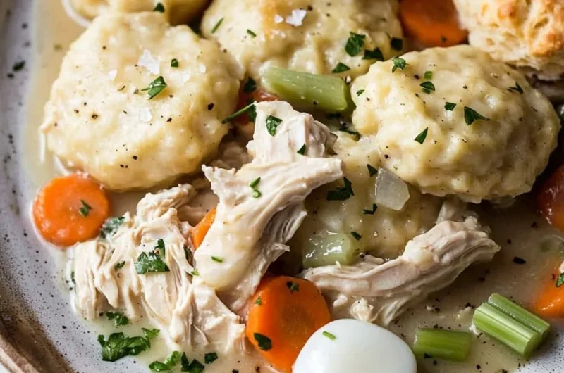 Delicious Chicken and Dumplings with Biscuits served in a bowl